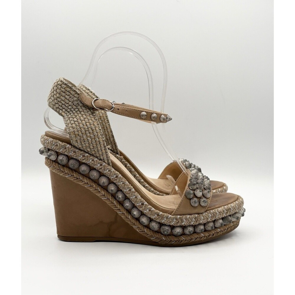 Christian Louboutin Lata 100 Brown Wedge Espadrille Sandals w/ Spikes Sz EU 37